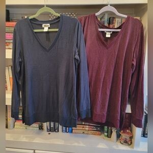 2 Classic V-Neck Sweaters - Navy and Burgundy